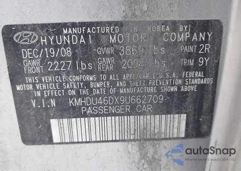 2009 Hyundai Elantra Se from USA, damaged, VIN KMHDU46DX9U662709